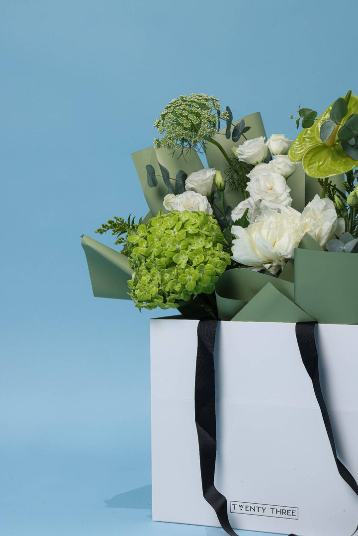 Emerald Whisper Bouquet - Twenty Three Flowers & Chocolate