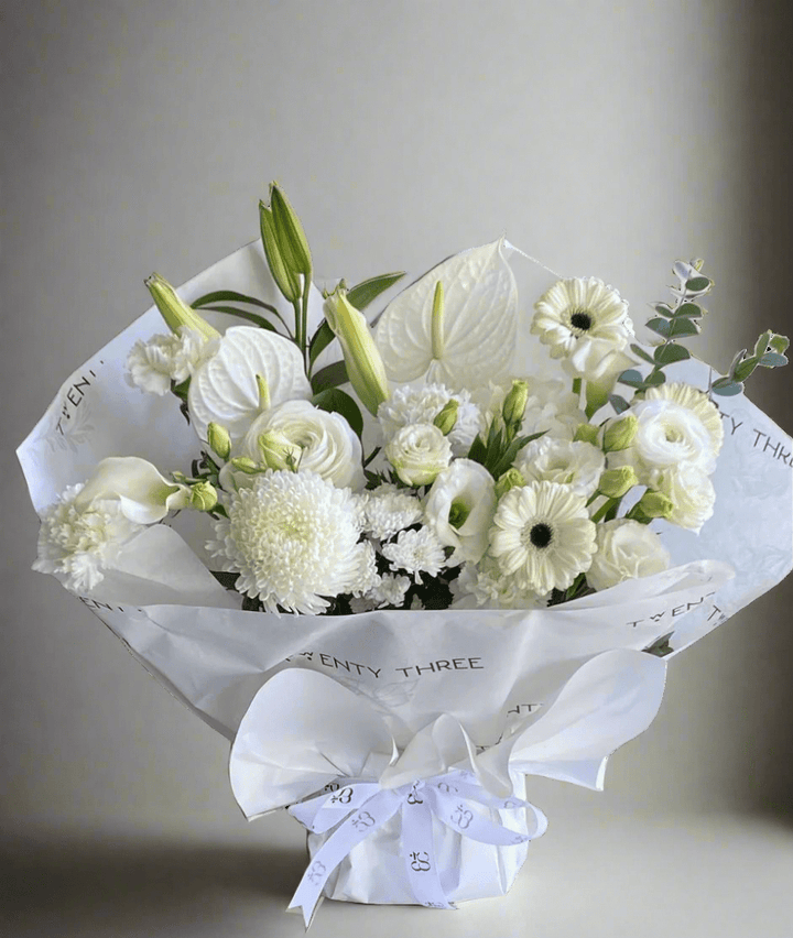 White Chrysanthemum Bouquet - Twenty Three Flowers & Chocolate